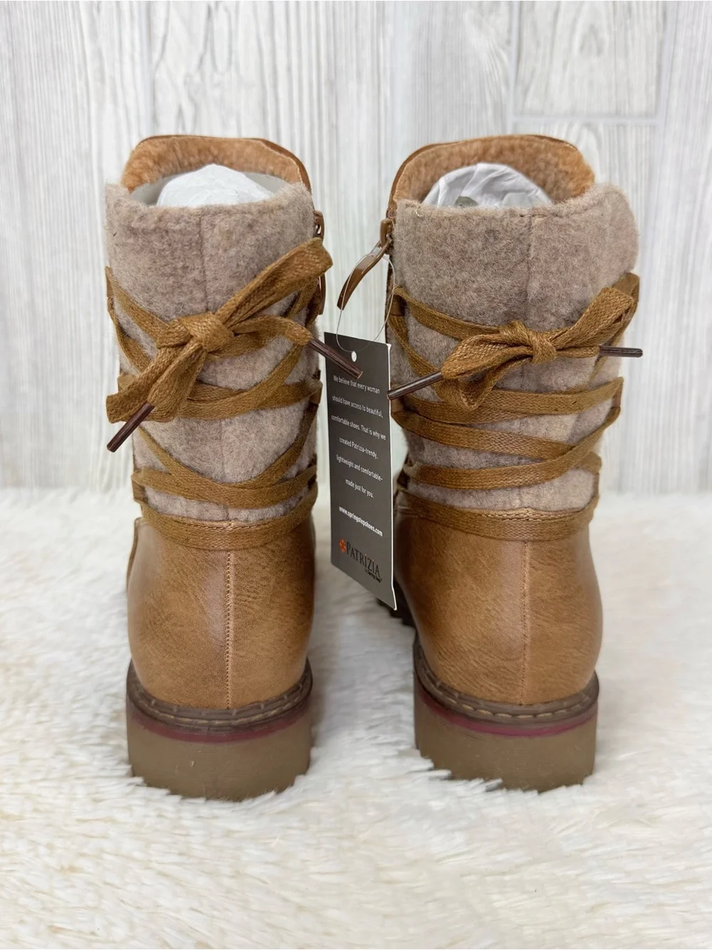 Patrizia Spring Strep Women's Dawna Brown Cozy Lace-Back Boots 9 Mid-Calf NWT
